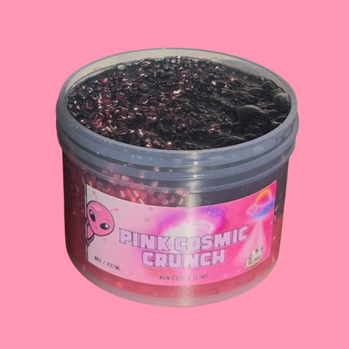 Pink Cosmic Crunch pink clear bingsu bead Halloween slime in an 8 oz container