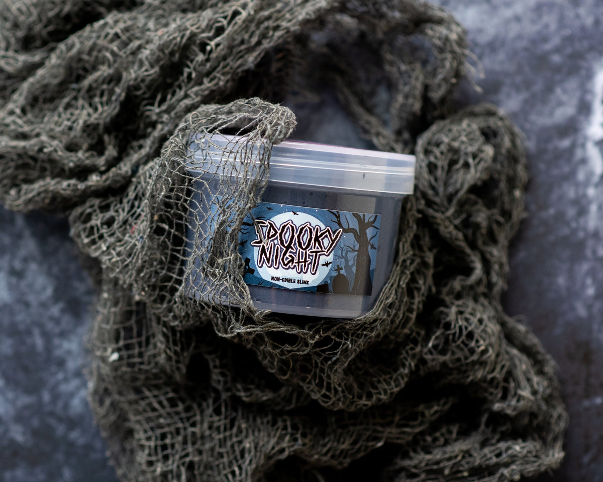 Spooky Night black Halloween slime in a jar wrapped in grey spooky cloth — Lil' Slimetastic